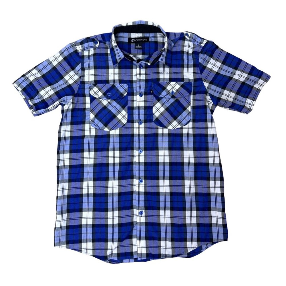 Men's Y2K Hip Hop Roccawear Hip Hop Blue White Button Down Plaid Shirt Pockets L